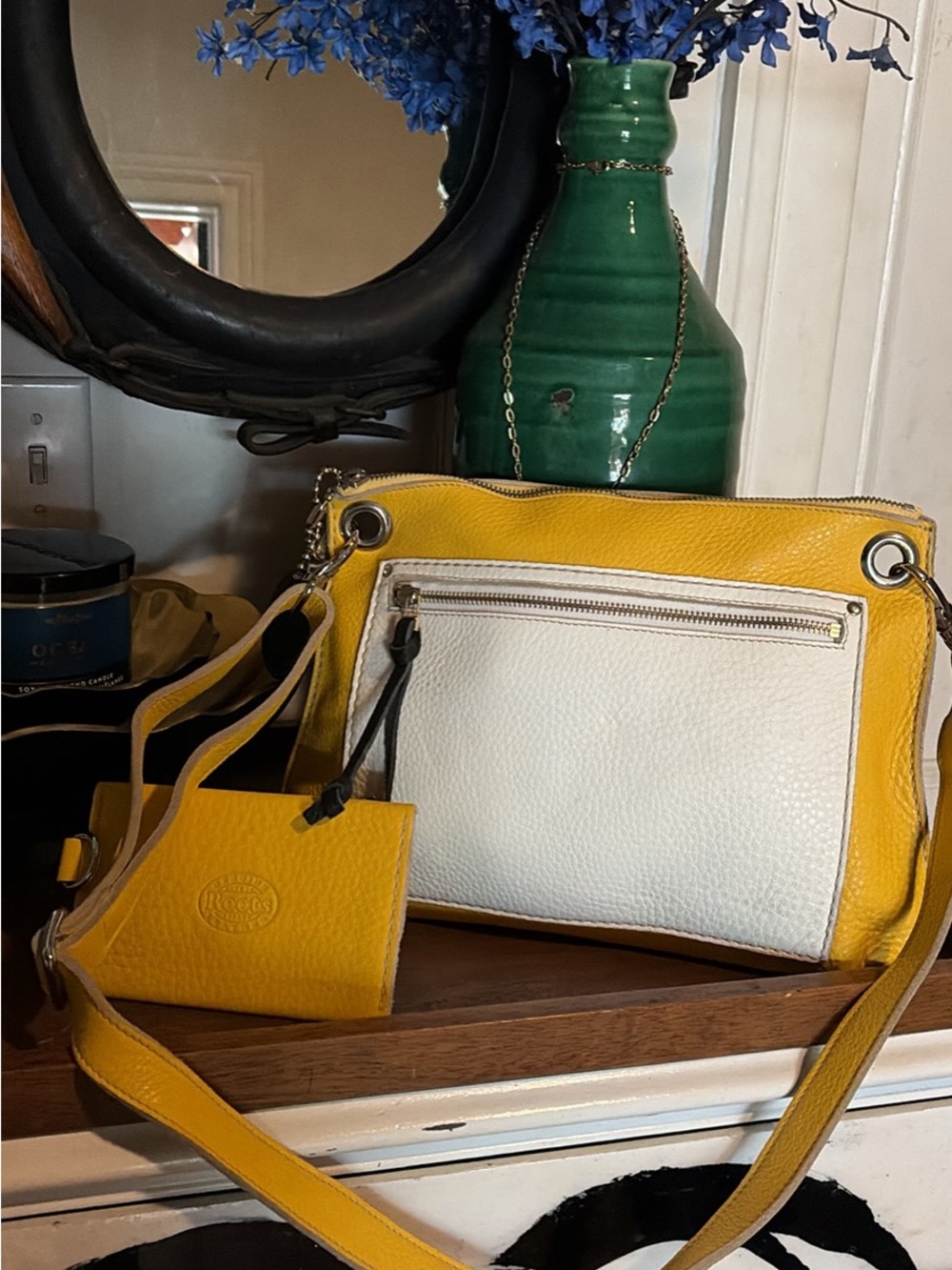 Roots Yellow and White Leather Crossbody with Detachable Card Case